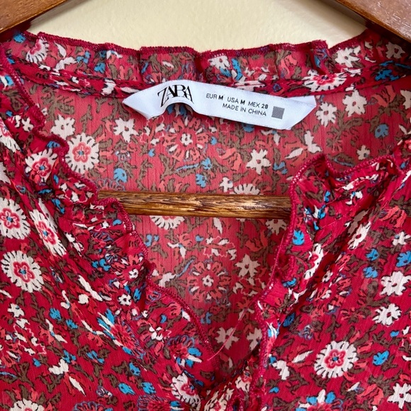 Zara| Boho Red Micro-Floral Long Sleeve V Neck Mini Dress Sz M - Picture 5 of 6